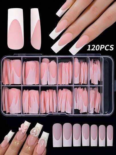 120 pezzi/ Scatola Kit di unghie finte rosa chiaro stile francese, 120 pezzi a forma di bara lucidi e opachi, unghie artificiali naturali per fai da te e forniture per unghie