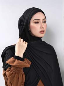 两件套女士穆斯林时尚纯色头巾套装，舒适针织头巾，适合日常祈祷和户外穿着。 - 下巴帽+圍巾 - 查看 4