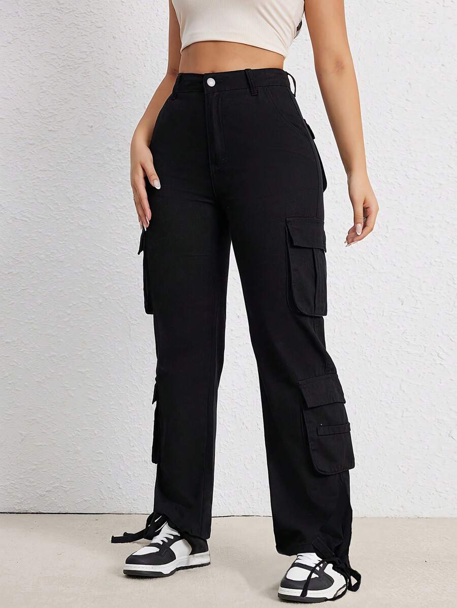Women's Street Y2K Style High Waisted Wide Leg Jeans With Flip Pocket Work Pants, Women's Retro Streetwear And Clothing - 黑色 - 查看 1