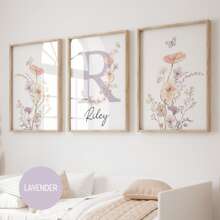 3pcs/Set, Custom Name Wildflowers Wall Art, Personalized Floral Nursery Wall Art Set, Custom Watercolor Flowers Poster Printing, Flower Theme Room Decoration - Set Of 3 Boho Posters - Personalized Birth Gift - Custom Flower Initial Wall Art Gifts Birthday Graduation