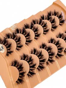 HBZGTLAD 7 对蓬松浓密仿貂皮 3D 纤细猫眼假睫毛，羽毛状，卷曲丰盈，自然外观，适合日常佩戴和派对，可重复使用 - 黑色 - 查看 3