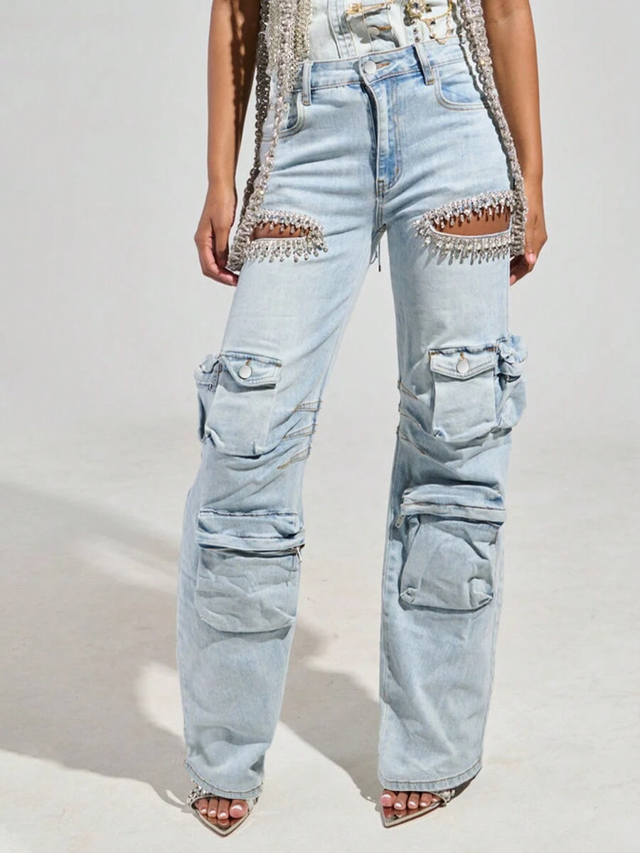 Jeans rectos de cintura alta sin estiramiento de mujer de color azul claro con una franja de cristales cosida a mano, con lavado, para festivales de música, Y2K