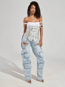 Jeans rectos de cintura alta sin estiramiento de mujer de color azul claro con una franja de cristales cosida a mano, con lavado, para festivales de música, Y2K
