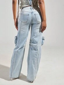 Jeans rectos de cintura alta sin estiramiento de mujer de color azul claro con una franja de cristales cosida a mano, con lavado, para festivales de música, Y2K