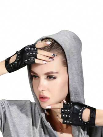 Half-Finger Riveted Motorcycle Gloves For Women, Suitable For Street Dance, Pole Dance, Nightclub, Punk, Hip-Hop, Performance, Stage, Dance