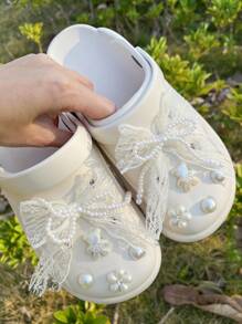 10pcs/Pack Ivory Lace Bow Shoe Charms, Fit For Clogs, Slides, Sandals, Garden Shoes, DIY Shoe Accessories