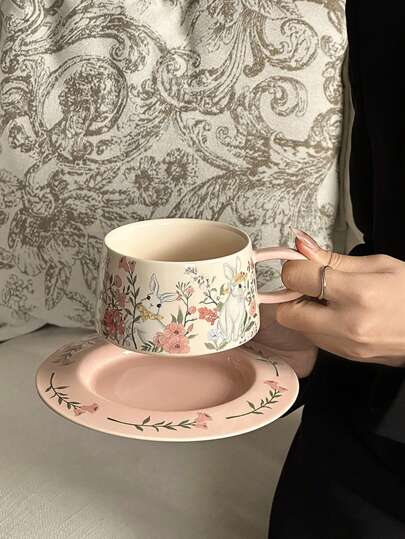 1 Set Cute Bunny Coffee Cup And Saucer Set - Vintage Ceramic For Afternoon Tea, Perfect For Parties And Thanksgiving Back To School