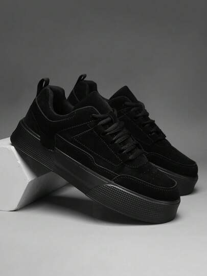 (Corre pequeño) Zapatillas de plataforma con cordones de unicolor minimalista y parches para hombres, zapatillas ligeras y versátiles para uso diario casual, para caminar al aire libre, todo el año, gimnasio, ideas para el Día de San Valentín estilo 2000