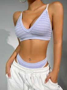 2Pcs Seamless Light Purple Lingerie Set (Bra + Thong), Wire-Free Bra Women's Underwear - Mauve Purple - View 5