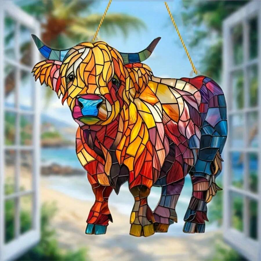 1 pieza Atrapasol de acrílico plano en 2D con diseño de vaca de las tierras altas, ornamento de colección de luces de jardinería, colgante de ventana, regalo para amantes de la naturaleza y de los animales, decoración con tema de animales de granja, perfecto para sala de estar, porche y decoración de habitaciones