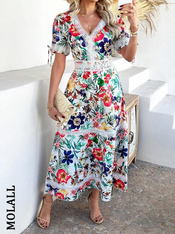 Vestido casual de manga curta com estampa floral e patchwork de renda, primavera/verão