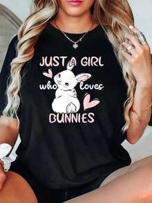 Rabbit Print Round Neck Short Sleeve T-Shirt For Women Casual, Summer , Women Top Graphic Tees Women Tops