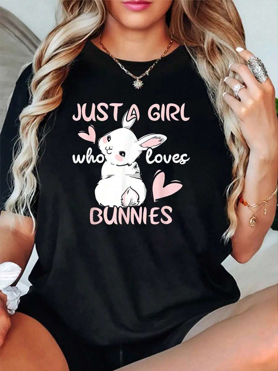 Rabbit Print Round Neck Short Sleeve T-Shirt For Women Casual, Summer , Women Top Graphic Tees Women Tops