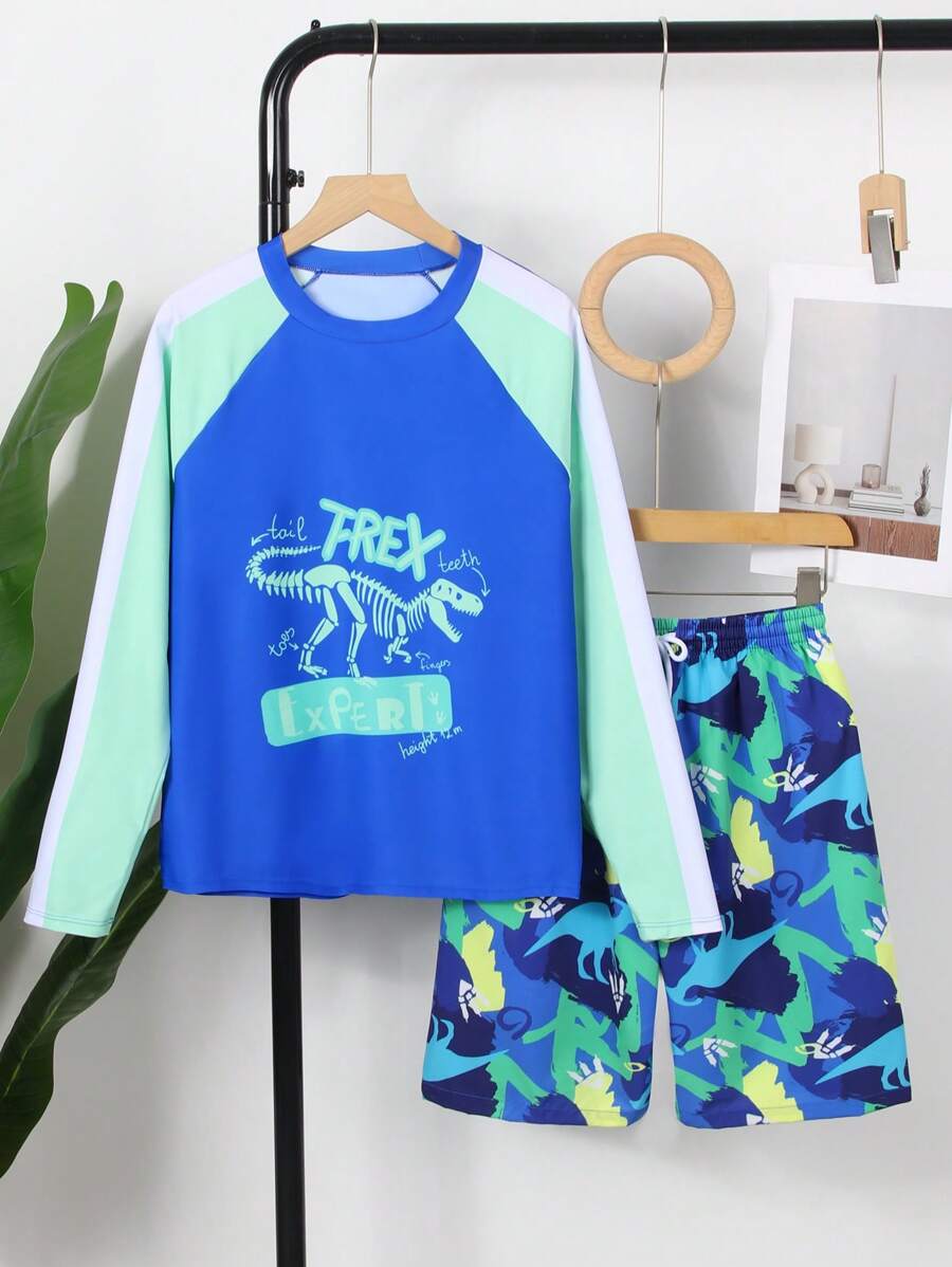 New Stylish Dinosaur Print Tankini Swimsuit Set For Teenage Boys, Long Sleeve Top And Shorts - Multicolor - View 1