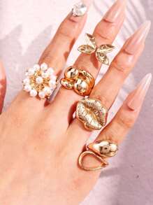 Set de 5 anillos de lujo únicos y elegantes con geometría exquisita, perlas falsas y mariposas y flores para los labios, adecuado para festivales, fiestas y uso diario