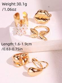 Set de 5 anillos de lujo únicos y elegantes con geometría exquisita, perlas falsas y mariposas y flores para los labios, adecuado para festivales, fiestas y uso diario
