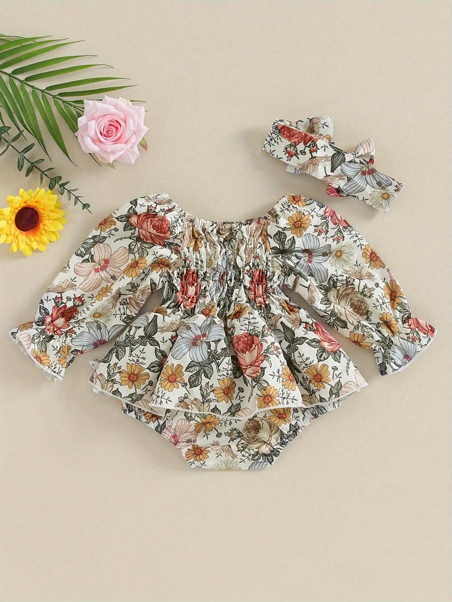 Newborn Girl Outfit, Long Sleeve Off-Shoulder Flower Print A-Line Romper Dress With Headband Clothes