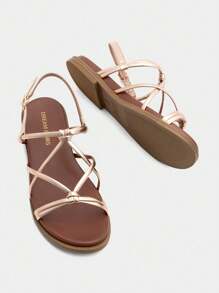 Women Flat Sandals Cross Strappy Beach Summer Gladiator Sandals With Buckle Comfortable Non-Slip Crisscross Straps Chic Daily Casual Shoes - 玫瑰金 - 查看 5