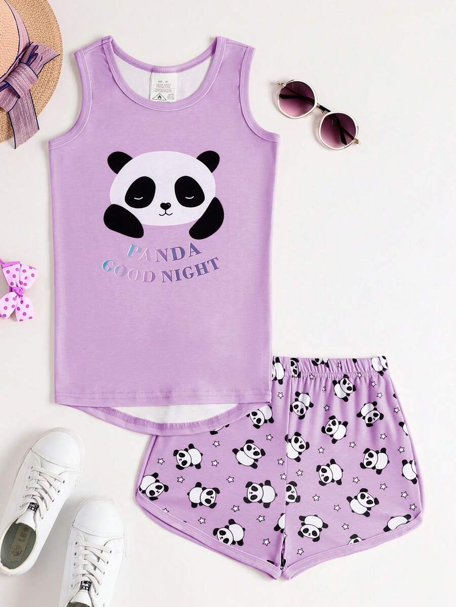 Tween Girl 2pcs/Set Snug Fit Pajamas Cute Panda Print Tank Top And Shorts Casual Comfortable Homewear Set - Lilac Purple - View 1