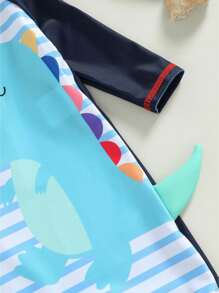 Traje de baño para niños, mangas 3/4, cuello redondo, estampado de rayas de dinosaurio, para playa, verano, para niñas y niños - Azul - Ver 6