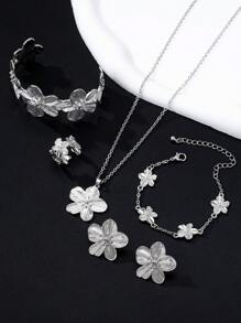 1 Set Engraved Clover Flower Gold Jewelry Set For Women, Including 1 Pair Earrings, 1 Necklace, 1 Bracelet, 1 Bangle, 1 Ring - Silver - View 2