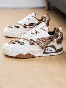 Men's Round Toe Color Block Low Top Lace-Up Thick Sole Non-Slip Casual Sneakers - Khaki - View 4