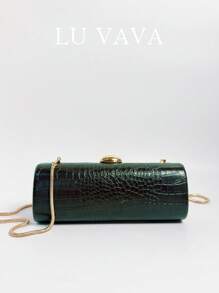 新款春夏墨绿色鳄鱼纹长款法棍包，采用PU材质，金色五金扣饰。可用于女性日常外出、购物、约会、聚会、晚宴活动。 - 墨綠色 - 查看 3
