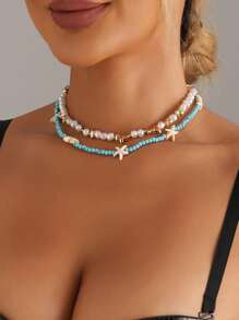 2 件波西米亚风绿松石和贝壳吊坠项链套装，双层串珠锁骨链，适合海滩、派对和日常佩戴，完美的礼物选择
