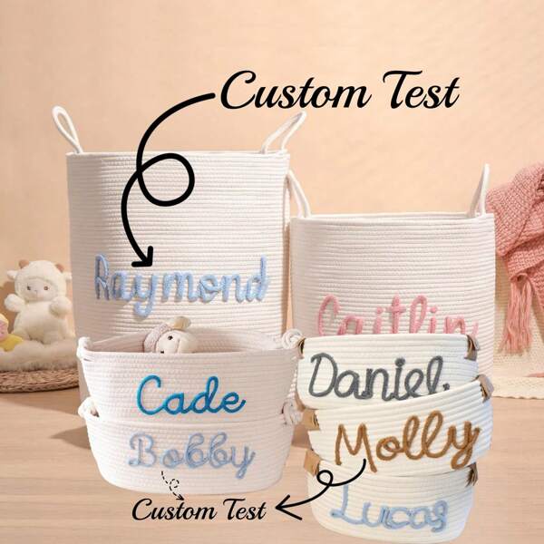 1pc Personalized Handmade Basket, Customize Name Test Multi-Functional Rope Laundry Basket, Toy Organizer, And Small Accessories Storage, For Storage And Decor, Shower Caddiesr For Throws Storage Box, Plastic Basket, Toy Basket, House Decor, Table Decor, Home Decor Items, Room Decor, Bedroom Decor, Gifts, Multi-Functional, Ornamental, Reusable, Breathable, Adorable, High-Quality, Cute, Soft, Custom, Personalized, Unique, Ideal Gifts For Him, Ideal Gifts For Kids, Bathroom, Home