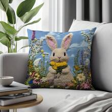[2D Printed] 1pc 17.7"X17.7"(45x45cm) [Non-Embroidered] 2D Printed Floral & Rabbit Embroidery-Look Pattern Cushion Cover, [Single-Sided Printed] [Pillow Insert Not Included] Polyester Home Decor Backrest Pillow Cover, Sofa, Windowsill, Suitable For Daily Use, High-End Minimalist Self-Use Decoration, Living Room, Bedroom, Car Decoration