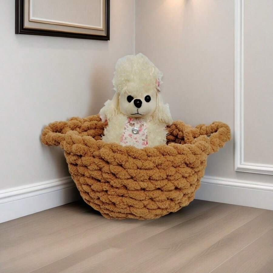 1pc Handmade Woven Cozy Pet Nest, Chunky Knit Dog Cat Bed, Polyester Fiber, Warm And Soft Basket, Multicolor, 14 Inch