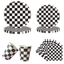 10pcs Black And White Checkered Tableware Set For Racing Car Table Decorations Supplies Race Sports Themed Dessert Plates Race-Car Party Napkins Cups For Birthdays Game Day And Racing-Themed Parties - Multicolor - View 1
