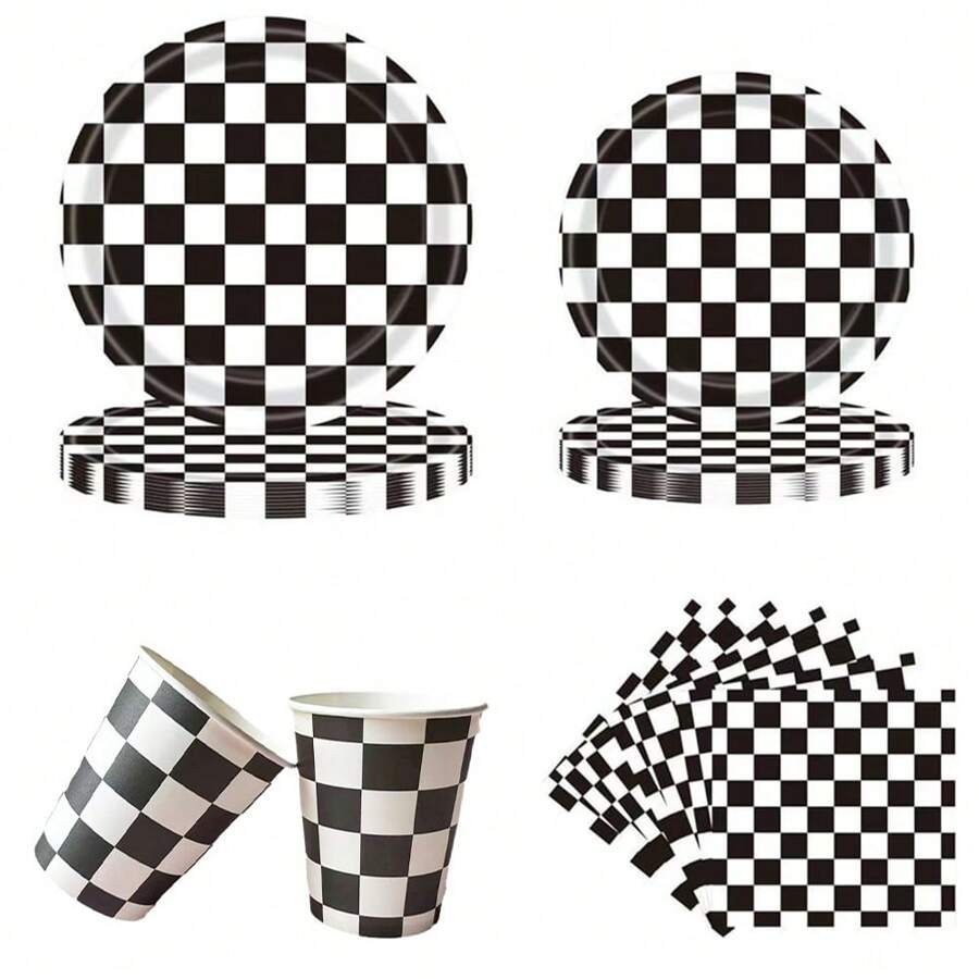 10pcs Black And White Checkered Tableware Set For Racing Car Table Decorations Supplies Race Sports Themed Dessert Plates Race-Car Party Napkins Cups For Birthdays Game Day And Racing-Themed Parties - Multicolor - View 1