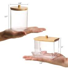 1/3 件透明亚克力浴室罐，带竹盖 Qtip 架，透明小棉签分配器，塑料耳棒棉签架，牙签储物盒，浴室台面装饰储物整理器现代梳妆台储物罐，用于清洁棉签、球和垫，装饰性 Q-Tip 架整理器，适用于台面，优雅实用的浴室配件，非常适合家庭和水疗中心，保持浴室梳妆台干净整洁。