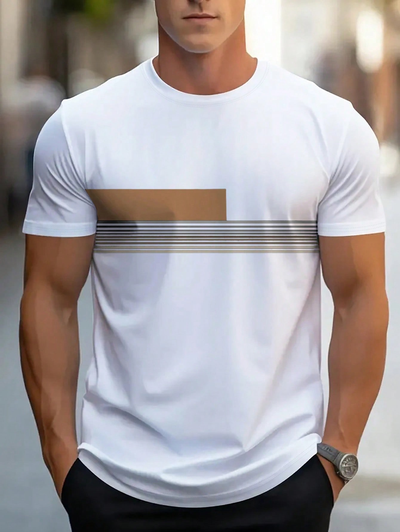 Men's Casual Striped Print Round Neck Short Sleeve T-Shirt, Summer