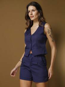 Tailoring Set |No Belt|Sleeveless|Vest And Shorts With Bag Tailoring Fabric - 藏蓝色 - 查看 3