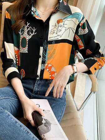 宽松版型随机印花衬衫 - 春季新款，女士长袖时尚通勤雪纺衬衫，适合新年和感恩节穿着