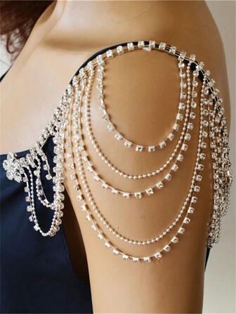 1pc Fashion Crystal Shoulder Chain Necklace, Bridal Wedding Accessory, Multi-Layer Shoulder Chain For Women