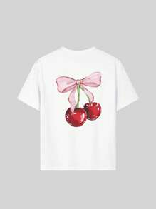 1 Set Girls' Cherry Bow Graphic Round Neck Short Sleeve T-Shirt And Casual Dress, Ideal For Students And Tween Girl In Summer - White - View 5