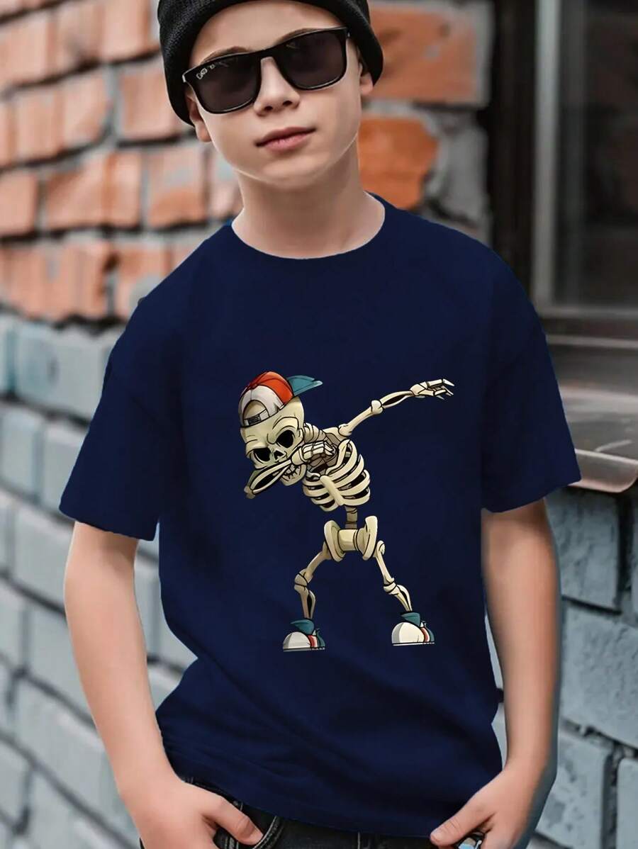 Koszulka z krótkim rękawem dla chłopców z nadrukiem szkieletu, wysokiej jakości odzież młodzieżowa z unikalnym wzorem