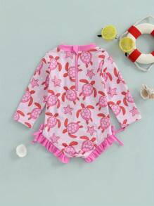 Toddler Girls Turtle Print Rash Guard Swimsuit - Long Sleeve Ruffled Romper Ideal Swimwear For Little Ones - Pink - View 6