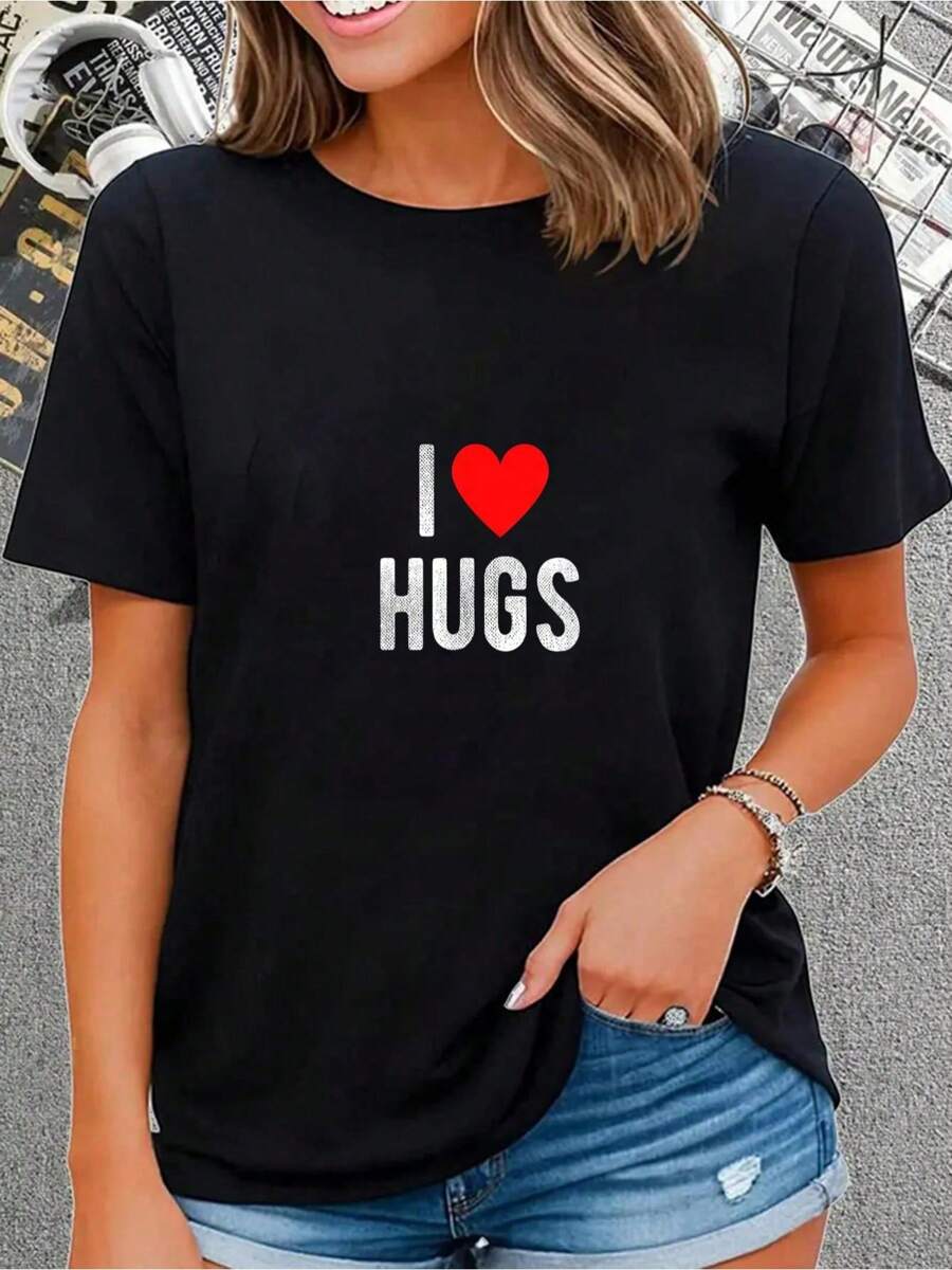 I Love Hugs Funny Saying Quote I Heart Hugs T-Shirt Short Sleeve T-Shirt Women's Men's Graphic Tee Causal Tops - Short Sleeve, Casual, Breathable, Comfortable, Summer & Spring Essential - Women's Clothing Printed Graphic Tee For  T-Shirt Lovers - 黑色 - 查看 1