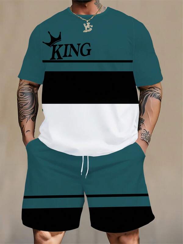 Ensemble sportswear "Roi" imprimé à carreaux pour hommes grande taille - Tissu en tricot de polyester, col rond, avec short à cordon de serrage, détails de poche, coupe regular, convient aux grandes tailles