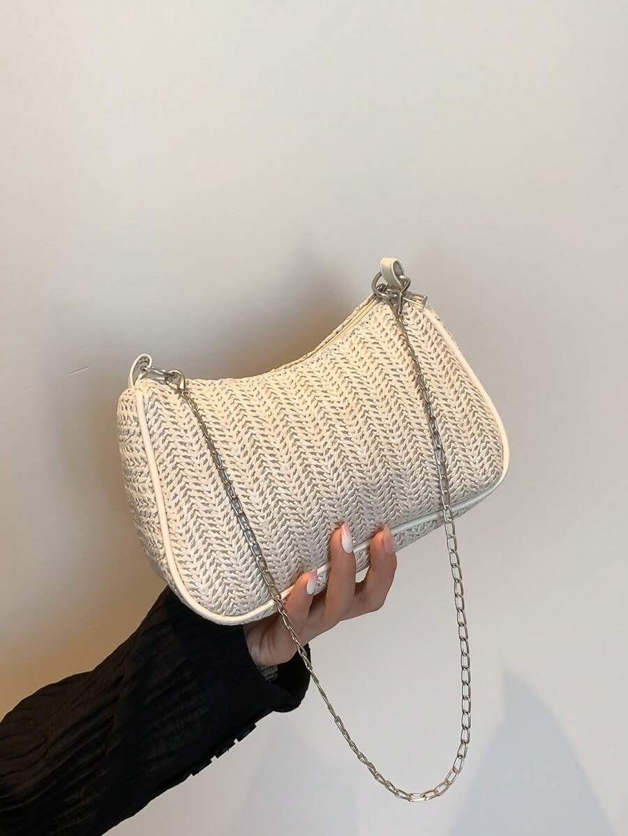 新款春夏时尚百搭纯色女士草编链条腋下单肩法棍包手提包休闲斜挎包沙滩包