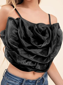 Spaghetti Strap Top With Floral Decoration - Black - View 7