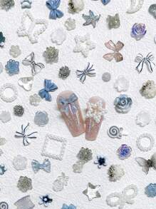 100 件/套各种浅灰色心形和蝴蝶结美甲装饰，手工 DIY 树脂花指甲首饰配件 - 灰色 - 查看 6