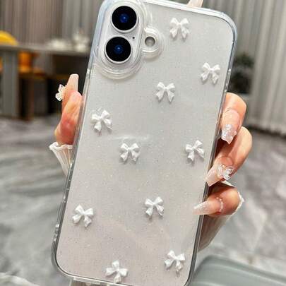 Custodia protettiva in TPU con fiocco bianco, paillettes e resina epossidica, compatibile con iPhone 17/17Air/17Pro/17ProMax/16/15/14/13/12/11/X/XS/XR/Mini/Pro Max/Pro/Plus, sfondo trasparente, morbida e con copertura completa, regalo di primavera per il compleanno