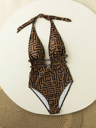 Jednoczęściowy kostium kąpielowy dla kobiet z nadrukiem geometrycznym i odkrytymi plecami