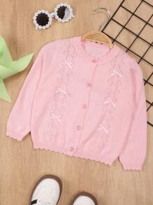 Young Girl Lightweight Bowknot Hollow Out Long Sleeve Cardigans, Versatile Casual Airy Air Conditioning Cover Up Sweater Jackets For Spring, Summer And Autumn - Pink - View 1