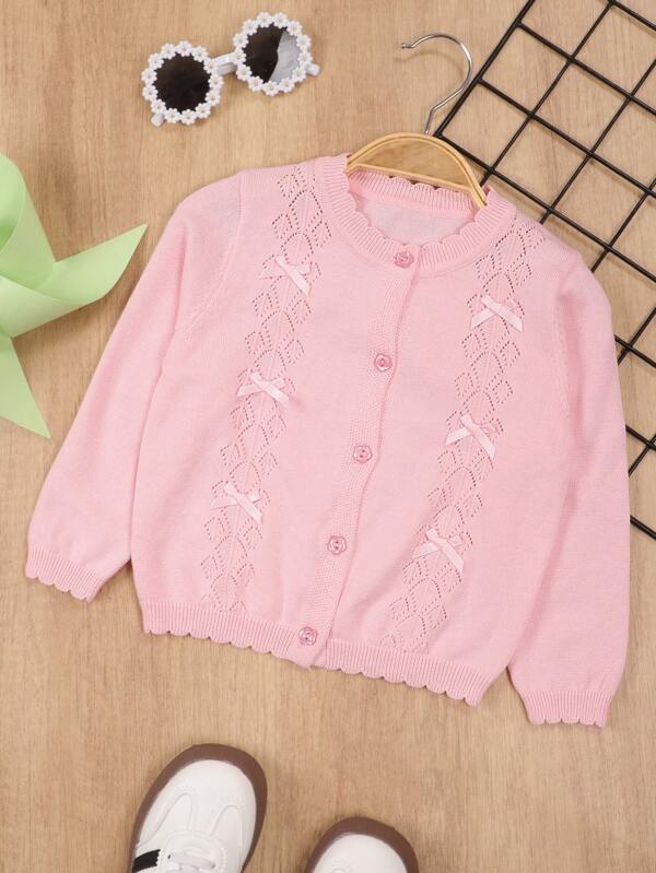 Cardigan leggero per ragazze con fiocco, lavorato a maglia, con maniche lunghe e design forato, versatile, casual, adatto come coprispalle per aria condizionata in primavera, estate e autunno